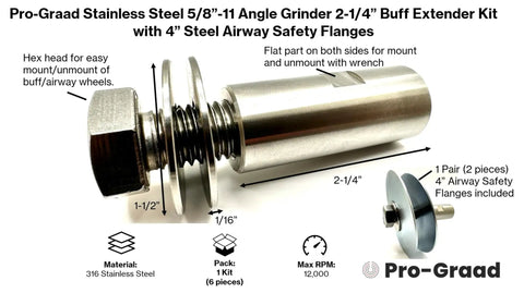 Built Tough Stainless Steel Angle Grinder Buff Extender Kit With 5/8-11 Threads And Rock Solid 4 Inch Airway Safety Flanges showing extender and flanges.