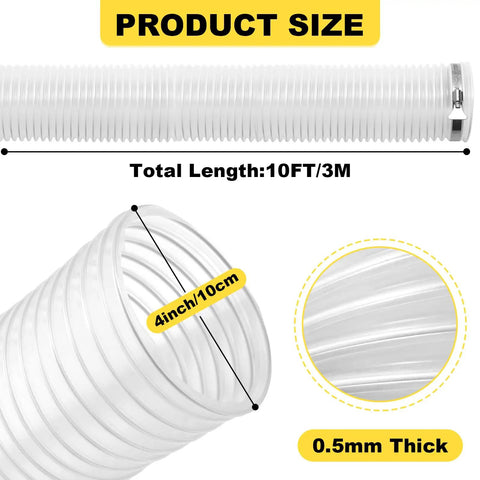 4 Inch Dust Collection Hose For Shop Vac Flexible Ducting With 304 Stainless Steel Clamps, transparent PVC, 0.5mm thick