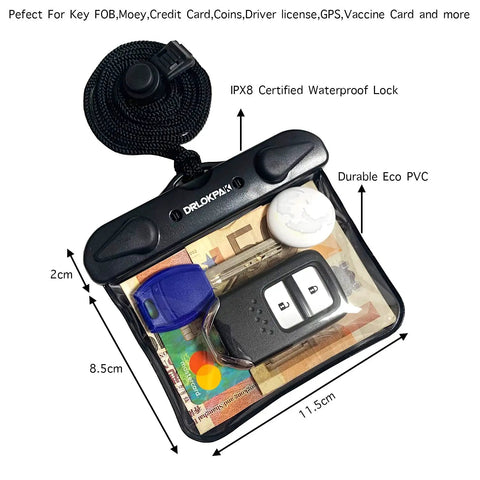 IPX8 Submersible Waterproof Wallet And Key Fob Case Pouch with black lanyard, holding keys, cash, and cards