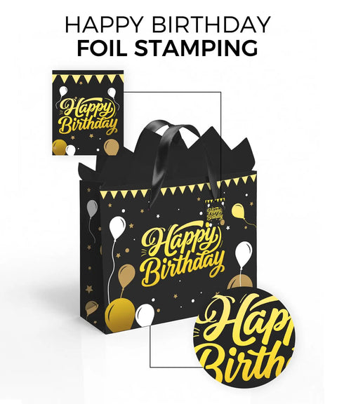 Black Birthday Gift Bag For Men With Foil Stamping And Tissue Paper, 12.5 Inch Medium Gift Bag With Greeting Card, Ideal For Boyfriend Husband Or Dad