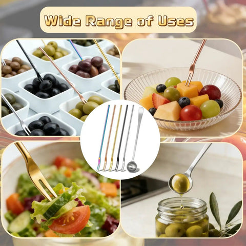 Six-Piece Pickle Fork Set With 8.66-Inch Long-Handle Olive Forks and Spoons in use with fruits, salads, and olives