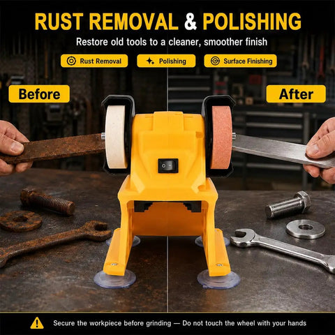 Badass Heavy Duty Cordless Mini Bench Grinder Compatible With DeWalt 20V Tools Portable shop tool for rust removal and polishing.