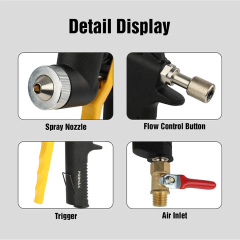 Pro Grade Air Texture Sprayer Featuring An Extended Swing Lever And Three Interchangeable Nozzles with nozzle, trigger, and flow control display.