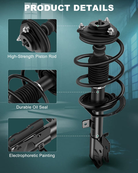 Front Pair Strut Assembly And Shock Absorbers For 2007 To 2012 Dodge Caliber, 2007 To 2010 Jeep Compass, And 2007 To 2010 Jeep Patriot FWD And 4WD Two Piece Set Easy Install Heavy Duty Replacement For A Smooth Ride shown with piston rod, oil seal, and painting details