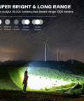 Person using Beast Bright 99000 Lumens LED Flashlight illuminating landscape at night with wind turbines in background.