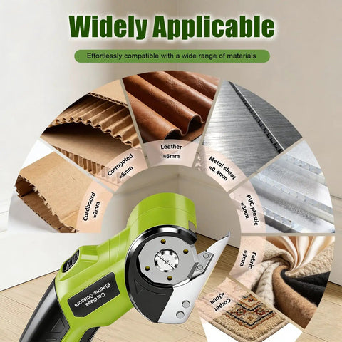 Heavy Duty Cordless Electric Scissors 4v Rechargeable Rotary Cutter With Self Sharpening Blades for various materials like leather, cardboard, and fabric.