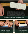 Hands using Dual Grit Diamond Whetstone Flattening Stone For Coarse And Fine Surfaces Diamond Groove Whetstone Flatness Tool for leveling.