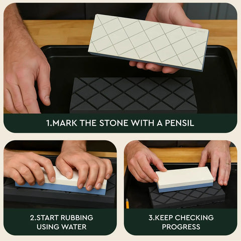 Hands using Dual Grit Diamond Whetstone Flattening Stone For Coarse And Fine Surfaces Diamond Groove Whetstone Flatness Tool for leveling.