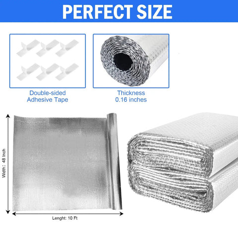 Block Blinding Summer Sun And Keep Your Pad Chill This Durable Double Reflective Aluminum Foil Window Film For Rv Car And Garage Doors Features 12 Hook And Loop Pads For No Sweat Setup And Long Lasting Coverage, showing double-sided tape, foil thickness and dimensions.