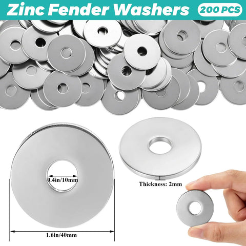 200 Pack Fender Washers Set, 3/8 In X 1-1/2 In Stainless Steel Flat Washers, 2 Mm Thick Zinc Hardware Washers with thickness and size shown