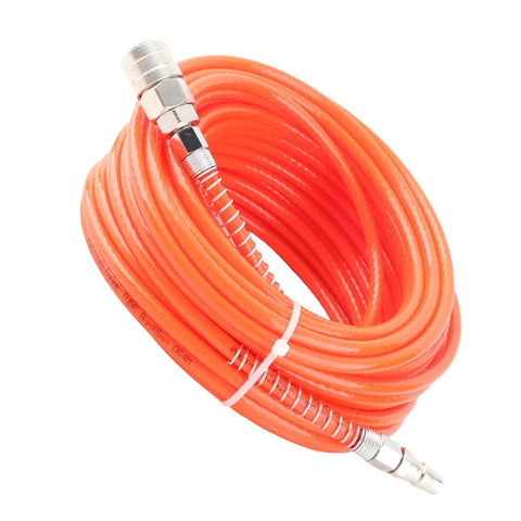 Heavy Duty Air Compressor Hose 20M With One Quarter Inch NPT Connector For Pneumatic Tools Auto Repair Shops Plus Home Garages High Pressure PU Tube 15Bar Handle Tire Inflation Impact Wrench Job Sites Workshop Beast Top Tier Pro Grade Build Red coiled orange hose with 1/4 NPT metal fittings