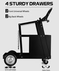 Heavy Duty Welding Cart Built To Haul Four Drawers On Wheels For Mig Welder Up To 220 Lbs For Mig Tig And Plasma Cutter Durable Rust Resistant Steel Construction, side view showing wheels and safety chains
