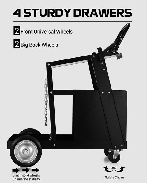 Heavy Duty Welding Cart Built To Haul Four Drawers On Wheels For Mig Welder Up To 220 Lbs For Mig Tig And Plasma Cutter Durable Rust Resistant Steel Construction, side view showing wheels and safety chains