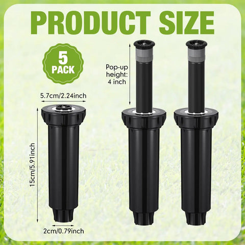 5 Pack Pop Up Sprinkler Heads for 1800 Series, 4 Inch Underground Spray Heads shown with dimensions on grass