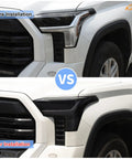 Before and after installation of Front Headlight Tint Film Trim For Toyota Tundra 2022 2023 2024 2025 2026 Dope TPU Precut Decals
