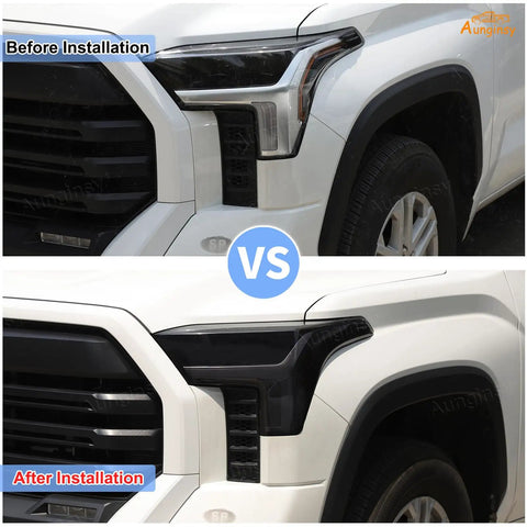 Before and after installation of Front Headlight Tint Film Trim For Toyota Tundra 2022 2023 2024 2025 2026 Dope TPU Precut Decals