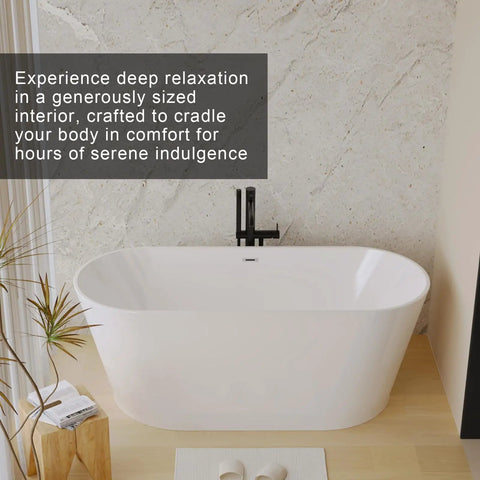 Hella Spacious Freestanding Acrylic Bathtub, Gloss White Stand Alone Soaker With Smooth Double Wall Insulation, deep interior for relaxation.