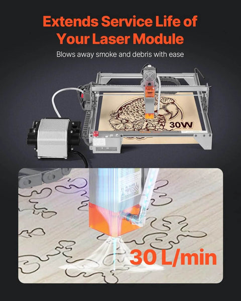 Front view of VEVOR air assist pump kit for laser cutter; 30 L/min airflow to laser engraving head.