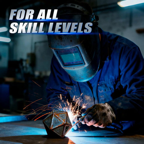 Welder using 18 Piece Welding Coupon Set Made From 17 Gauge Mild Steel For Starter Welders And Beginners for practice in workshop.