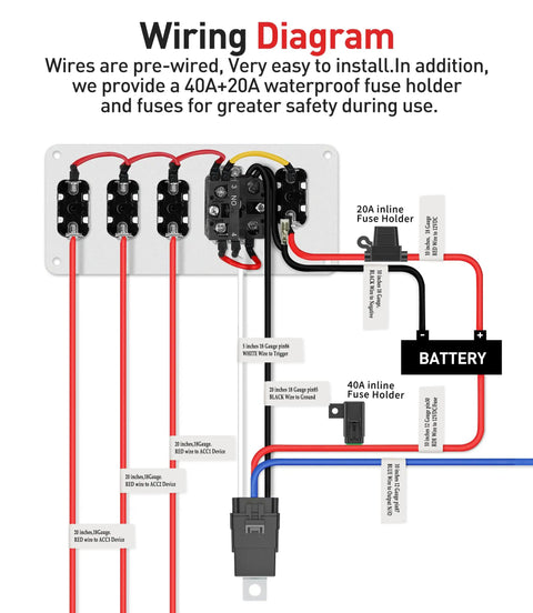 Wiring diagram for 12V 5 In 1 Ignition Panel With Engine Push Button Start Toggle Switches Relay Wiring Harness And LED