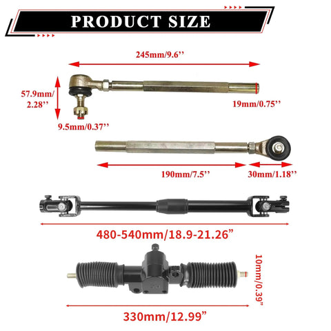 Product dimensions of Go Kart Steering Wheel And Rack Pinion Kit 270mm 10.6 Inch Wheel 330mm 13 Inch Rack with shaft and tie rod end
