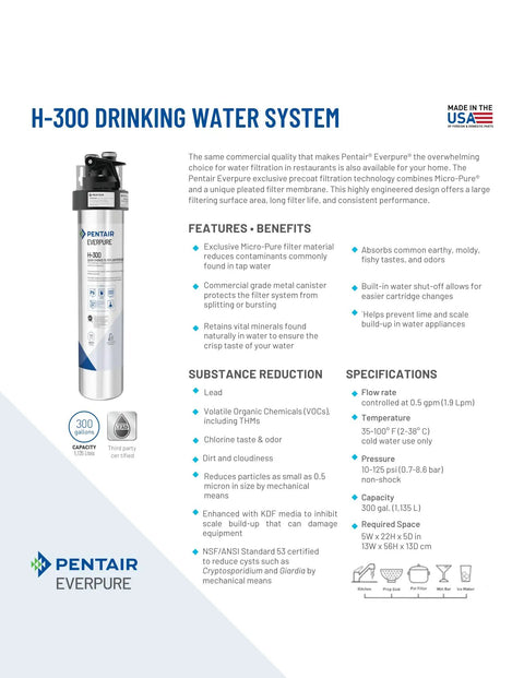 H-300 Quick Change Filter Cartridge For Everpure Drinking Water Systems, 0.5 Micron, NSF Certified To Reduce Lead, EV927072.