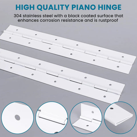 Two Pack 12 Inch White 304 Stainless Steel Heavy Duty Continuous Piano Hinges With Screws close-up showing corrosion-resistant coating.