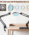 15X Magnifying Glass Lamp With Clamp And Stand, 72 LED Desk Light With Three Color Temperatures on a wooden desk