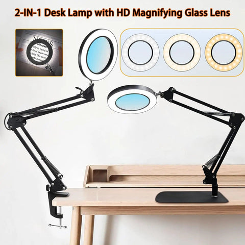 15X Magnifying Glass Lamp With Clamp And Stand, 72 LED Desk Light With Three Color Temperatures on a wooden desk