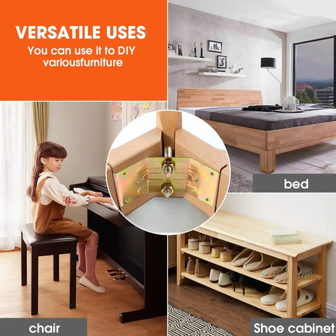 Heavy Duty Iron L Shaped Corner Brackets For Tables And Benches Rock Solid Build With Self Aligning Hanger Bolt Hardware Kit installed in furniture.