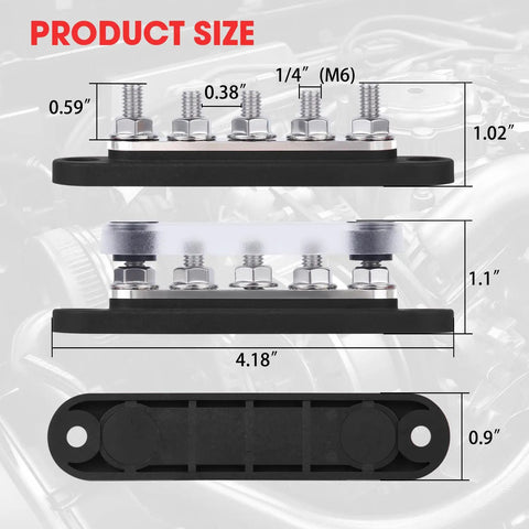 Top Shelf Heavy Duty 12V Bus Bar Power Distribution Block With Five By One Quarter Inch Studs Slick Color Coded Red And Black Pair dimensions image.