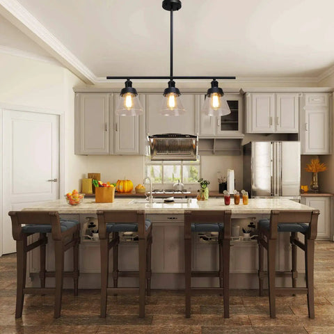 Dope 3 Light Farmhouse Black Kitchen Island Pendant Light With Clear Seeded Glass And Adjustable Rods over kitchen island