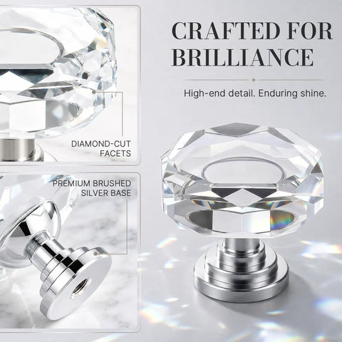 30 Pack Sparkling Clear Glass Cabinet Knobs 1 1/4 Inch Silver Polygon Drawer Pulls Kitchen Cupboard Hardware shining diamond-cut facets.