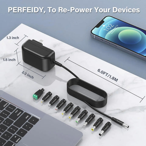 Reliable 8V 1A AC To DC Charger With 10 Interchangeable Jacks UL Listed Regulated Output Energy Efficiency VI Overload Overcurrent Overvoltage And Overheat Protection Safe Charging Of 8 Volt Devices, 6 ft cord