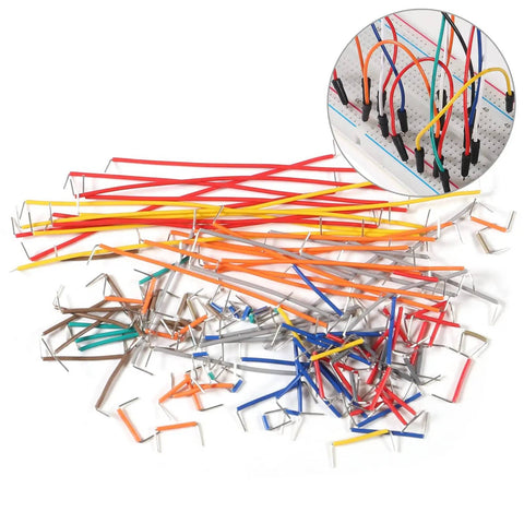 560 Piece Jumper Wire Kit For Breadboard Prototyping, 14 Assorted Lengths displayed with multicolored, preformed right angle leads.