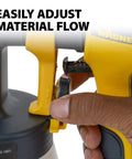 Close-up of Control Spray Double Duty HVLP Stain Sprayer being adjusted for material flow, showcasing yellow handle design.