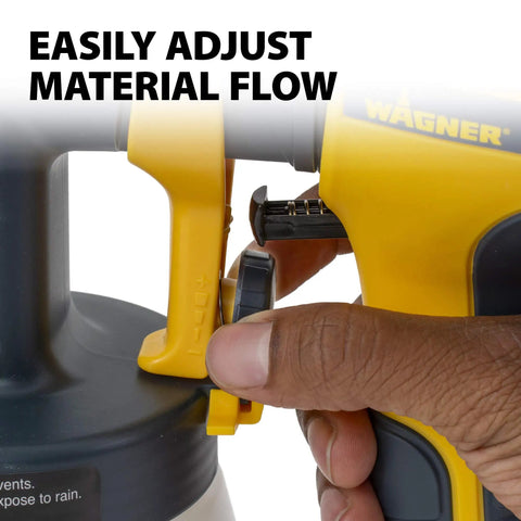 Close-up of Control Spray Double Duty HVLP Stain Sprayer being adjusted for material flow, showcasing yellow handle design.