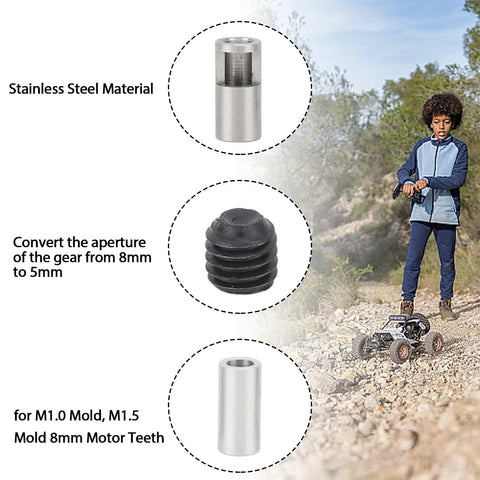 Three-piece set of pinion reducer sleeves: stainless steel 8mm-to-5mm adapters and rubber boot for M1.0/M1.5 mold RC cars