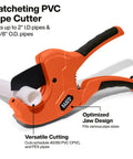 Ratcheting PVC Pipe Cutter For 2 Inch ID Pipes And 2 3 Eighths Inch OD, One Handed Operation, Lightweight Soft Grip Handles, Replaceable Blades, Cuts Schedule 40 And 80 PVC CPVC And PEX, orange cutter with PVC pipe