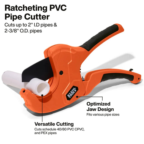Ratcheting PVC Pipe Cutter For 2 Inch ID Pipes And 2 3 Eighths Inch OD, One Handed Operation, Lightweight Soft Grip Handles, Replaceable Blades, Cuts Schedule 40 And 80 PVC CPVC And PEX, orange cutter with PVC pipe