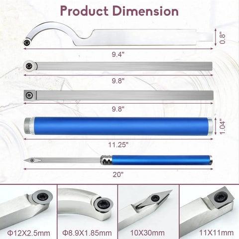 Dimensions of Carbide Tipped Wood Turning Tools Set With Lathe Rougher Finisher And Swan Neck Hollowing Bits