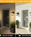 Porch Light With Built In GFCI Outlet Dusk To Dawn Exterior Wall Mount Fixture on at night and off during day outside house