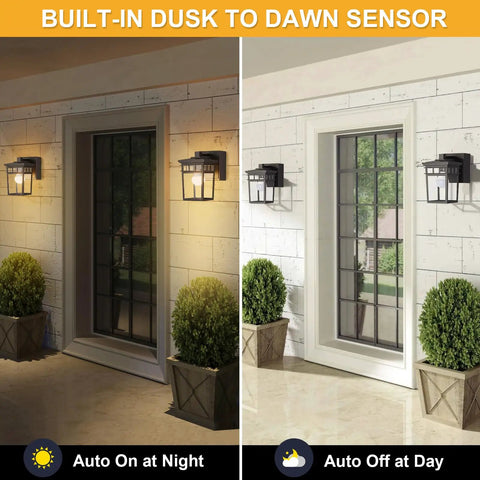 Porch Light With Built In GFCI Outlet Dusk To Dawn Exterior Wall Mount Fixture on at night and off during day outside house