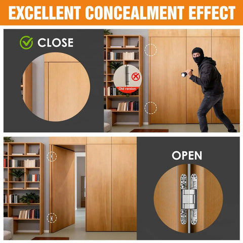 Sleek Six Inch Hidden Door Hinges For Clean Concealed Doors And Invisible Wall Panels With Premium Seamless Hardware showing closed and open positions.