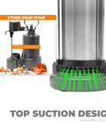 3/4 HP Submersible Sump Pump 5500 GPH with stainless steel housing featuring top suction design to prevent clogging