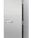 Twenty Nine Inch Solid Door Reach In Freezer With Slick Led Temp Gauge And Tough Commercial Frame, stainless steel exterior and caster wheels.