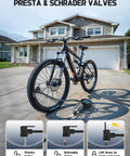 Mountain bike with Universal Presta And Schrader Valve Adapter With 200 PSI Pressure Gauge Dual Port Inflator Hose near house