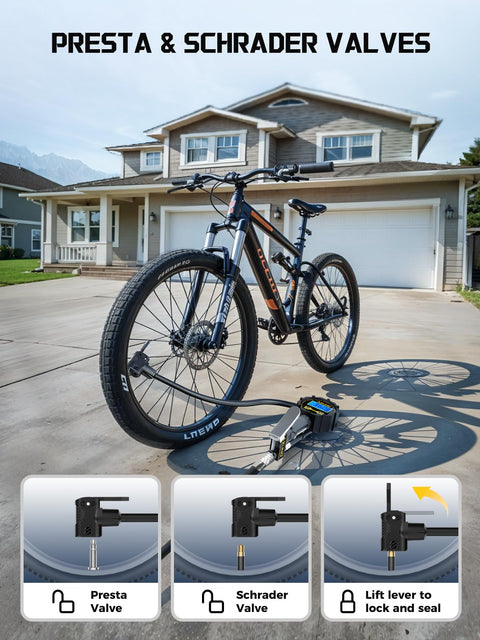Mountain bike with Universal Presta And Schrader Valve Adapter With 200 PSI Pressure Gauge Dual Port Inflator Hose near house