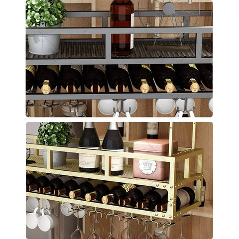 Hanging Wine Glass Rack Ceiling Mount With Adjustable Telescoping Arm, Overhead Bottle And Glass Holder with plants and decor