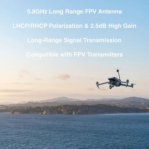 Drone flying over sea with 5.8GHz Long Range FPV Antenna Pack with High Gain 2.5 Decibel LHCP SMA Male